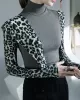 Leopard Split-Joint Long Sleeves Skinny High-Neck T-Shirts Tops