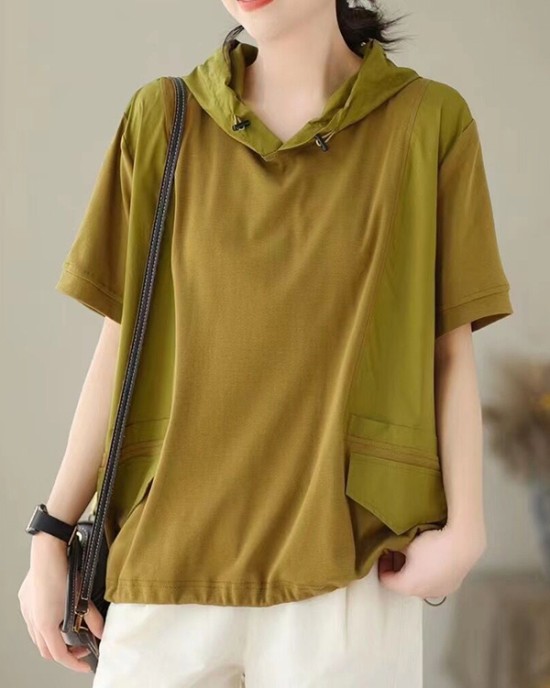 Drawstring Solid Color Split-Joint Hooded Loose Hooded T-Shirts Tops