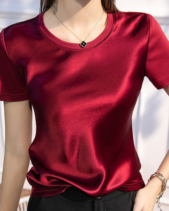 Solid Color Short Sleeves Round-neck T-Shirts Tops