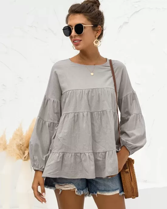 Casual Long Sleeves Puff Sleeves Solid Color Round-Neck T-Shirts Tops