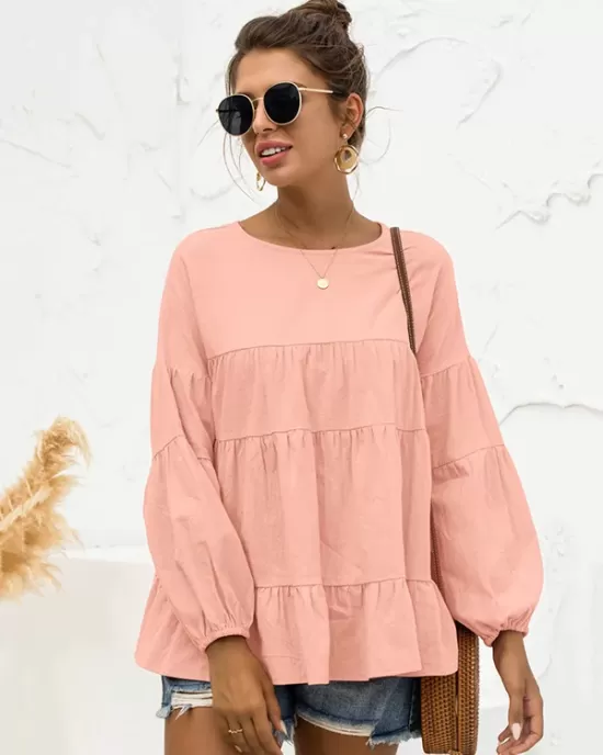 Casual Long Sleeves Puff Sleeves Solid Color Round-Neck T-Shirts Tops