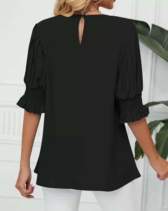 Pleated Solid Color Loose Puff Sleeves Round-Neck T-Shirts Tops