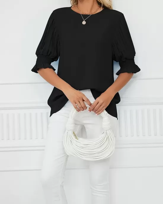 Pleated Solid Color Loose Puff Sleeves Round-Neck T-Shirts Tops