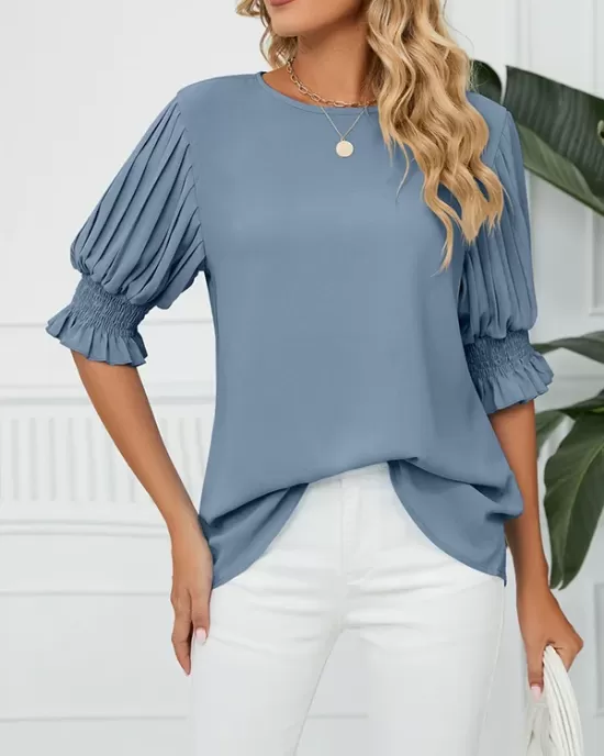 Pleated Solid Color Loose Puff Sleeves Round-Neck T-Shirts Tops