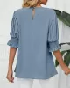 Pleated Solid Color Loose Puff Sleeves Round-Neck T-Shirts Tops