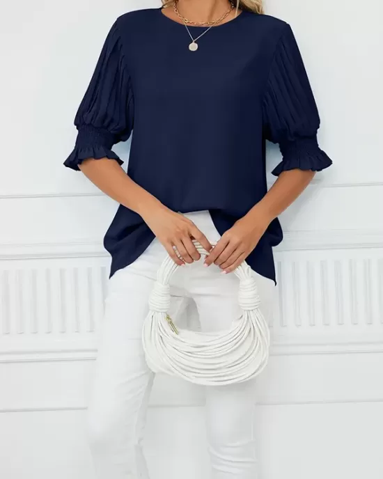 Pleated Solid Color Loose Puff Sleeves Round-Neck T-Shirts Tops