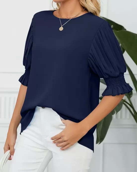 Pleated Solid Color Loose Puff Sleeves Round-Neck T-Shirts Tops