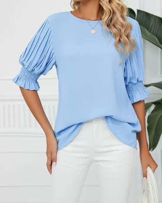 Pleated Solid Color Loose Puff Sleeves Round-Neck T-Shirts Tops