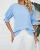 Pleated Solid Color Loose Puff Sleeves Round-Neck T-Shirts Tops