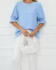 Pleated Solid Color Loose Puff Sleeves Round-Neck T-Shirts Tops