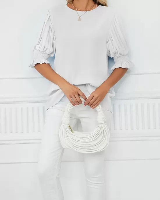 Pleated Solid Color Loose Puff Sleeves Round-Neck T-Shirts Tops