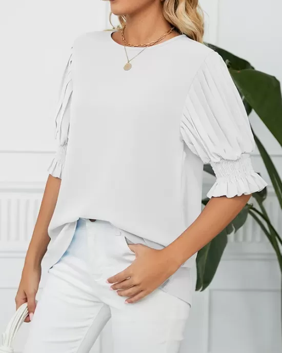 Pleated Solid Color Loose Puff Sleeves Round-Neck T-Shirts Tops