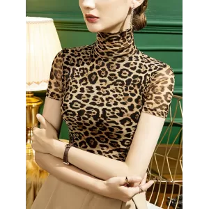 Urban Skinny Leopard High-Neck T-Shirts Tops