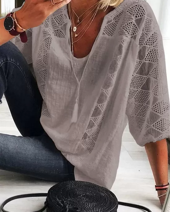 Simple Casual Hollow Lace Split-Joint U-Neck T-Shirt Top