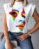 Original Casual High-Neck Cap Sleeves Face Printed T-Shirt Top