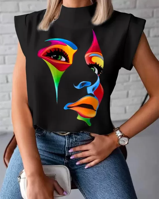 Original Casual High-Neck Cap Sleeves Face Printed T-Shirt Top