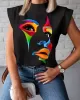 Original Casual High-Neck Cap Sleeves Face Printed T-Shirt Top