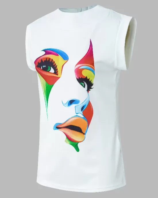 Original Casual High-Neck Cap Sleeves Face Printed T-Shirt Top