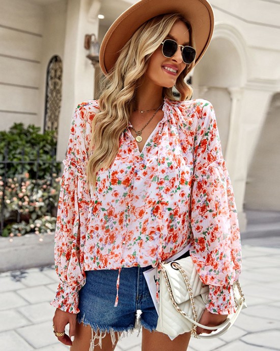 Casual Loose Floral Printed V-Neck T-Shirt