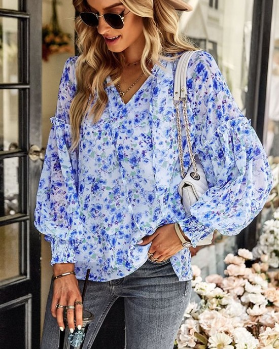 Casual Loose Floral Printed V-Neck T-Shirt