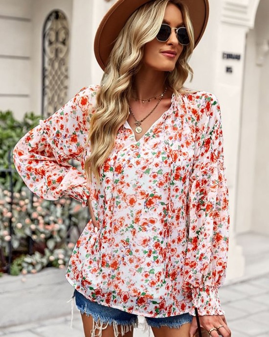 Casual Loose Floral Printed V-Neck T-Shirt