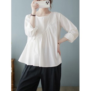 Casual Loose Long Sleeves Solid Color Round-Neck T-Shirts Tops