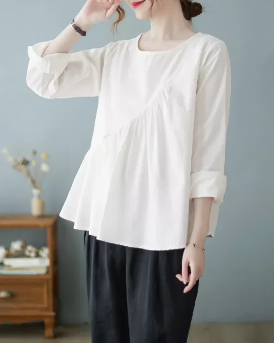 Casual Loose Long Sleeves Solid Color Round-Neck T-Shirts Tops