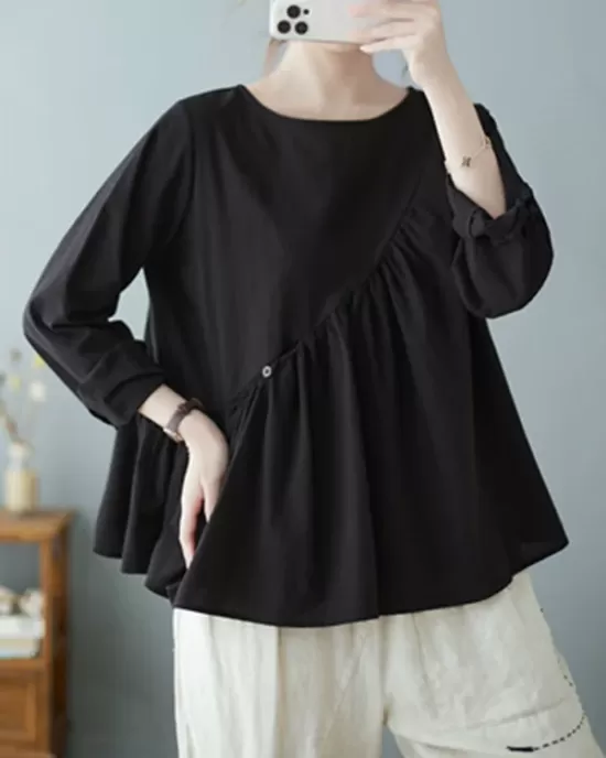 Casual Loose Long Sleeves Solid Color Round-Neck T-Shirts Tops