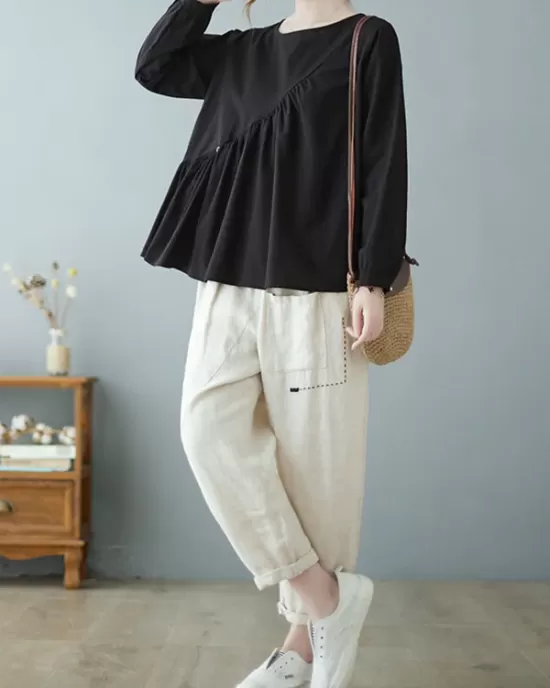 Casual Loose Long Sleeves Solid Color Round-Neck T-Shirts Tops