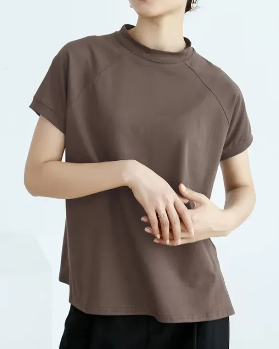 Casual Short Sleeves Loose Solid Color Stand Collar T-Shirts Tops