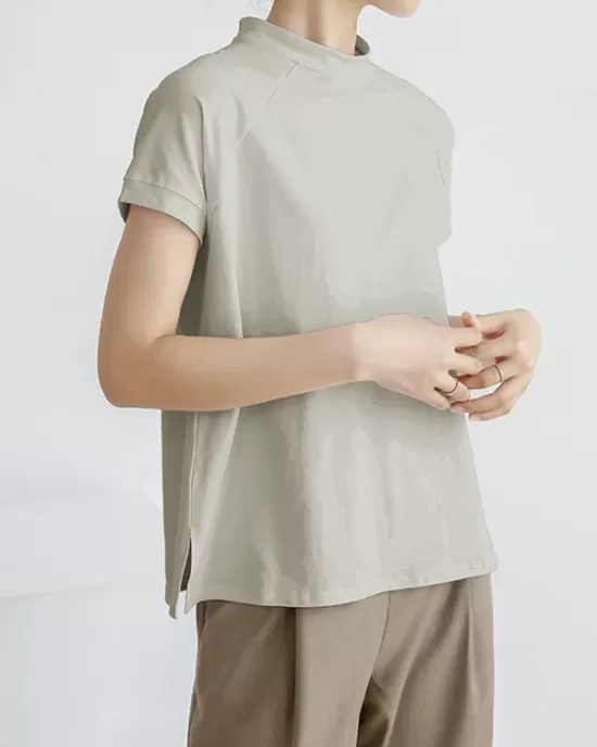 Casual Short Sleeves Loose Solid Color Stand Collar T-Shirts Tops