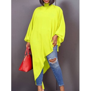 Loose See-Through Long Sleeves Asymmetric Solid Color High-Neck T-Shirts Tops