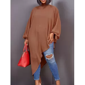 Loose See-Through Long Sleeves Asymmetric Solid Color High-Neck T-Shirts Tops