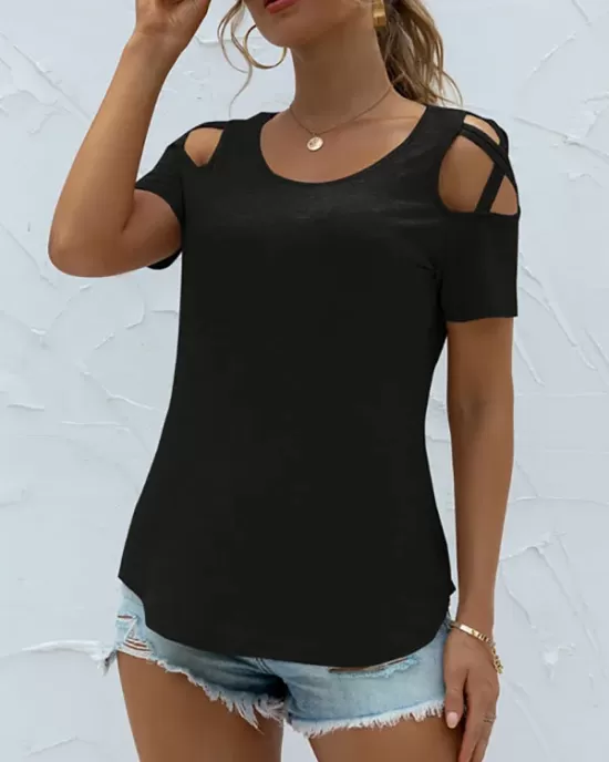 Original Creation Short Sleeves Hollow Solid Color Round-Neck T-Shirts Tops