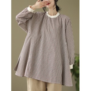 Puff Sleeves Irregularity Plaid Split-Joint Round-Neck T-Shirts Tops