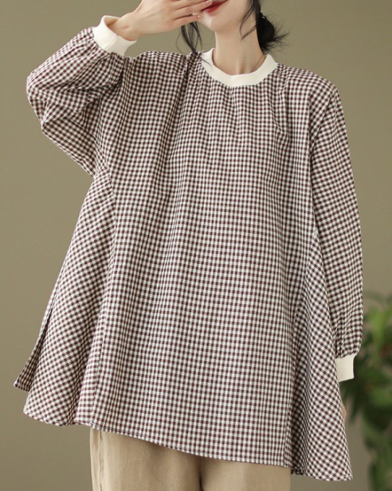 Puff Sleeves Irregularity Plaid Split-Joint Round-Neck T-Shirts Tops