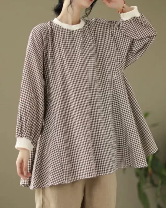 Puff Sleeves Irregularity Plaid Split-Joint Round-Neck T-Shirts Tops