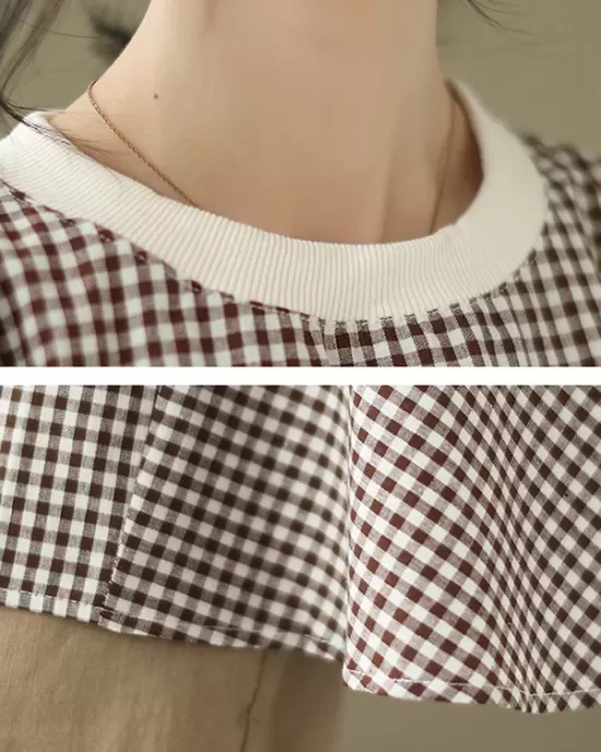 Puff Sleeves Irregularity Plaid Split-Joint Round-Neck T-Shirts Tops