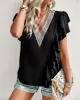 Applique Split-Joint Loose Short Sleeves V-Neck T-Shirts Tops