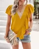 Applique Split-Joint Loose Short Sleeves V-Neck T-Shirts Tops