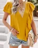 Applique Split-Joint Loose Short Sleeves V-Neck T-Shirts Tops