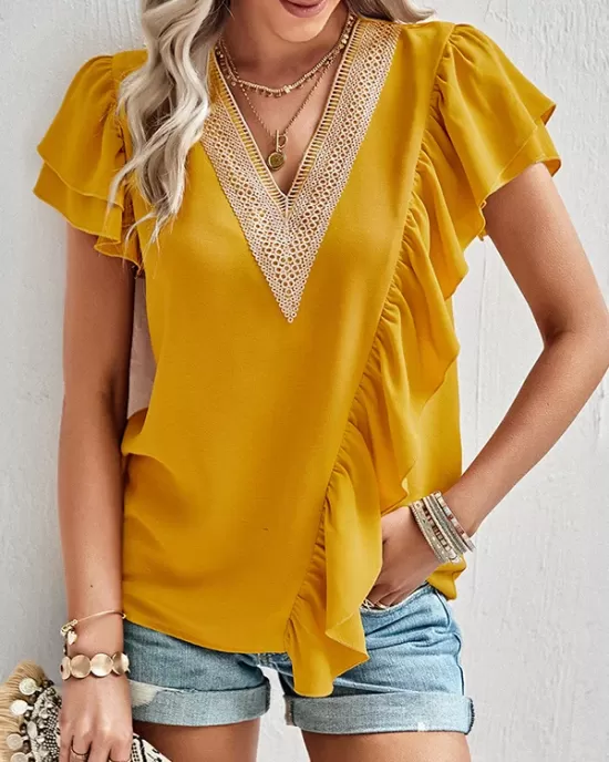 Applique Split-Joint Loose Short Sleeves V-Neck T-Shirts Tops