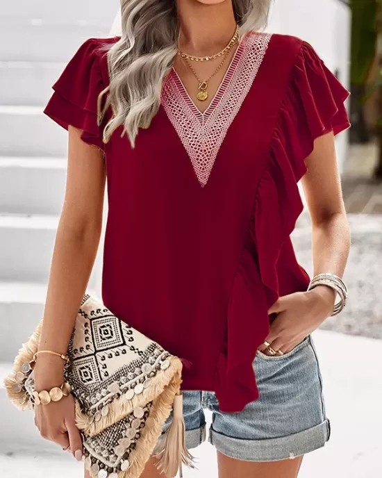 Applique Split-Joint Loose Short Sleeves V-Neck T-Shirts Tops