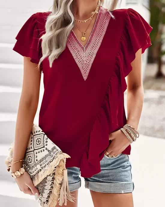 Applique Split-Joint Loose Short Sleeves V-Neck T-Shirts Tops