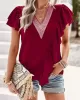 Applique Split-Joint Loose Short Sleeves V-Neck T-Shirts Tops