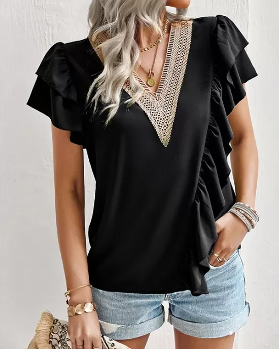 Applique Split-Joint Loose Short Sleeves V-Neck T-Shirts Tops