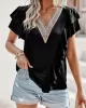 Applique Split-Joint Loose Short Sleeves V-Neck T-Shirts Tops