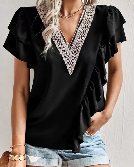 Applique Split-Joint Loose Short Sleeves V-Neck T-Shirts Tops