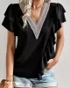 Applique Split-Joint Loose Short Sleeves V-Neck T-Shirts Tops