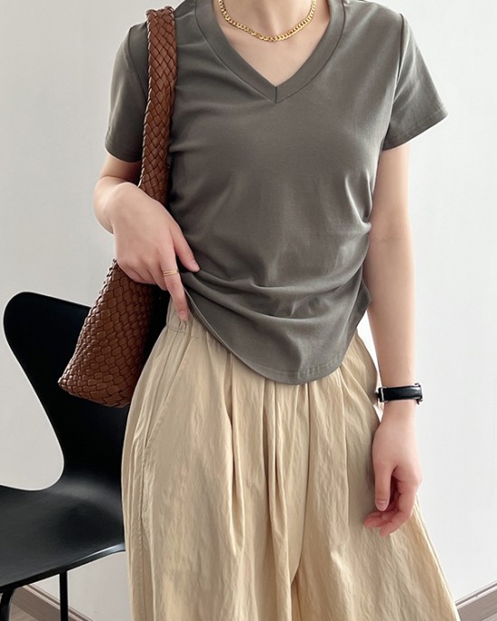 Solid Color Irregular clipping Short Sleeves V-neck T-Shirts Tops